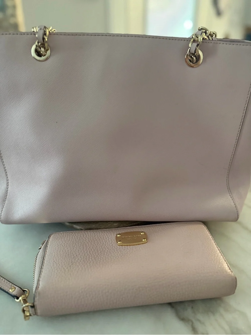 Michael Kors Dusty Pink Leather Tote with Gold Chain Handles and Matching Wallet